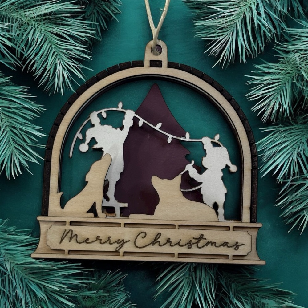 Wooden Merry Christmas Ornament with Elves and Fogs Decorating Christmas Tree